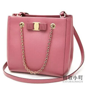 Salvatore Ferragamo Vara Ribbon Tote Bag Pink Calfskin Chain VANY TOTEBAG